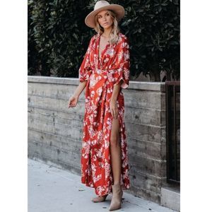 Bring Back Memories Kimono Sleeve Satin Plunge Maxi Dress S